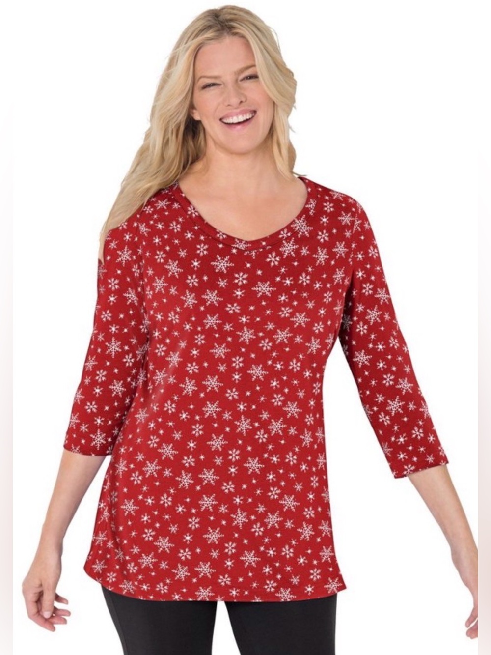Woman Within Three-Quarter Sleeve V-Neck Tee! Classic Snowflake Shirt! Size 1X.